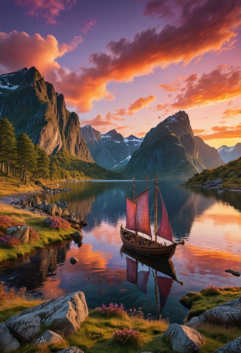 A breathtaking Nordic landscape showcasing rugged mountains and a serene fjord, with a Viking ship sailing gracefully on the water. In the foreground, a small group of people in Viking attire eagerly studying a map, surrounded by ancient runestones and lush greenery. The sky is painted with stunning hues of sunset, creating a sense of adventure and exploration. super-realistic. vibrant colors. 3D.