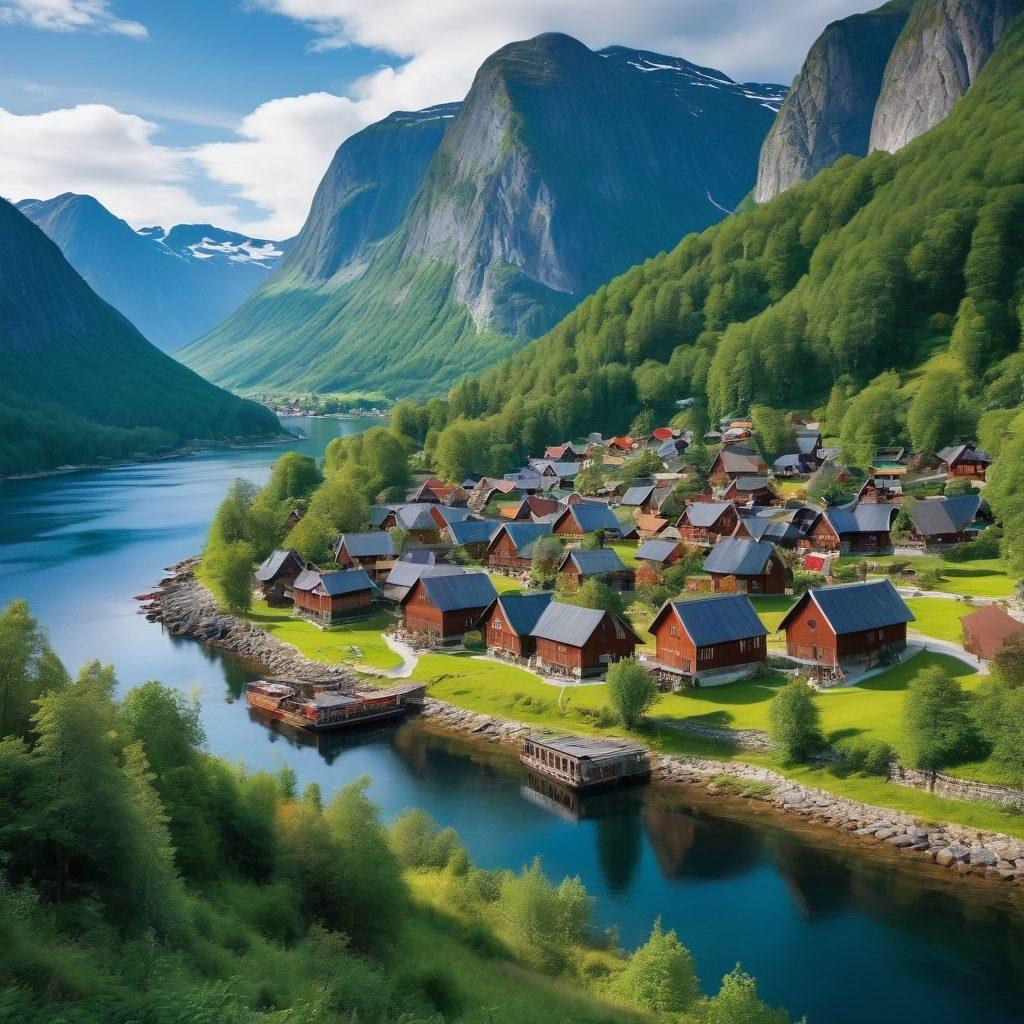 A breathtaking landscape of Norway featuring stunning fjords, traditional wooden stave churches, and vibrant local festivals showcasing Norwegian folk costumes. Incorporate travelers engaging with locals, enjoying traditional cuisine, and exploring scenic hiking trails. The overall atmosphere should convey a sense of adventure and cultural richness. super-realistic. vibrant colors.