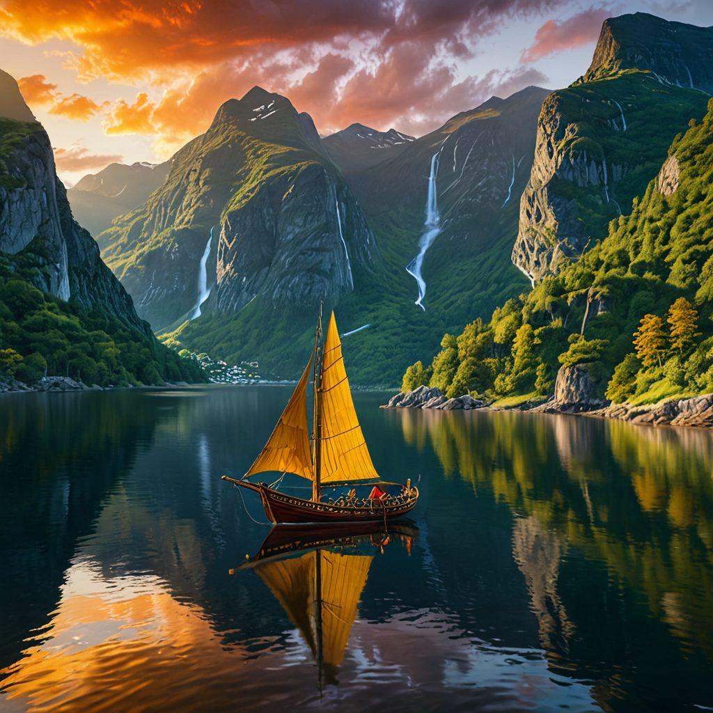 A majestic Viking ship sailing through the fjords of Norway, surrounded by towering mountains and lush greenery. The sunset casts a golden hue over the scene, highlighting Norse warriors in traditional attire exploring the shoreline. In the background, a cascade of waterfalls adds to the natural splendor. Include elements of adventure, exploration, and excitement. super-realistic. vibrant colors. scenic landscape.